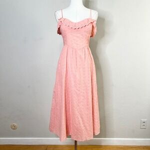 Lulus Peach Pink Eyelet Cotton Midi Dress Ruffle Sweetheart Bustier Pockets S